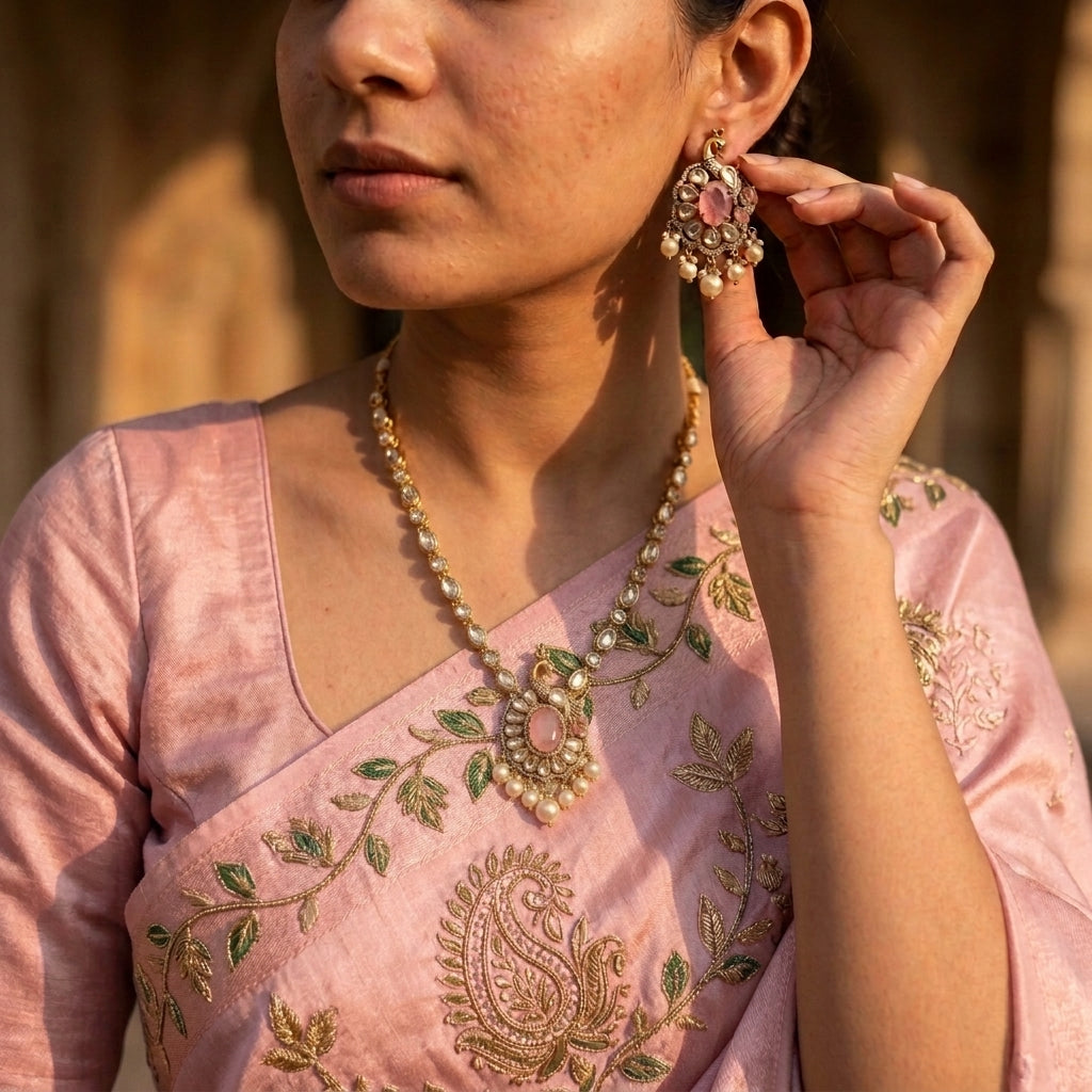 Royal Blush Pink Peacock Kundan Necklace Set with Earrings