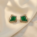Emerald Green Statement Stud Earrings – Gold & Crystal Finish