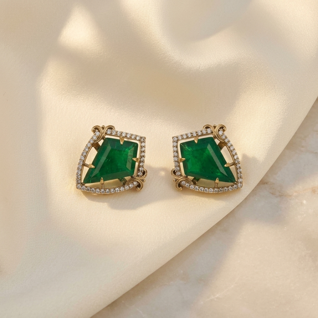 Emerald Green Statement Stud Earrings – Gold & Crystal Finish