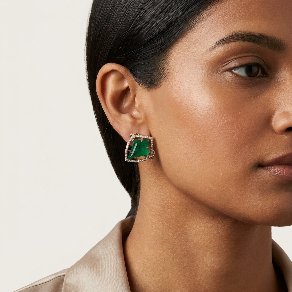 Emerald Green Statement Stud Earrings – Gold & Crystal Finish