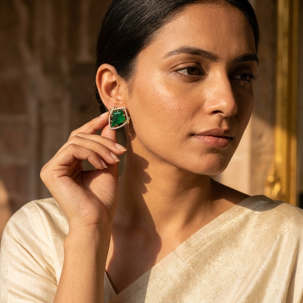 Emerald Green Statement Stud Earrings – Gold & Crystal Finish