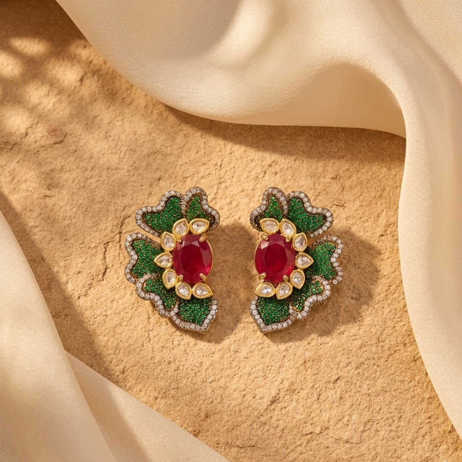 Vedilora Kundan Floral Stud Earrings – Green, Pink & Red Statement Jewellery