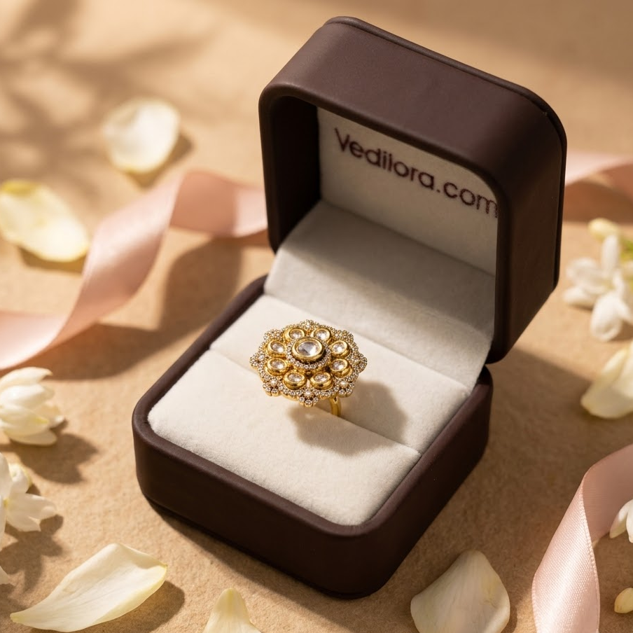 Vedilora Kundan Statement Ring – Free Size Floral Gold-Tone Ring