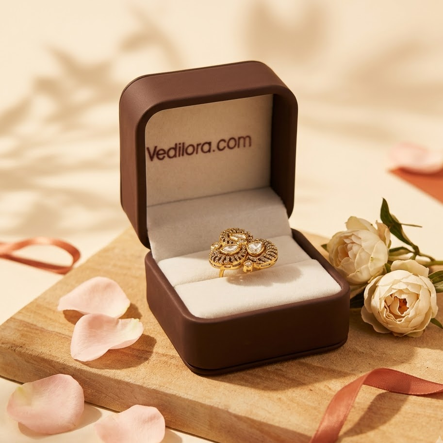 Vedilora Kundan Floral Statement Ring – Gold-Tone Designer Ring