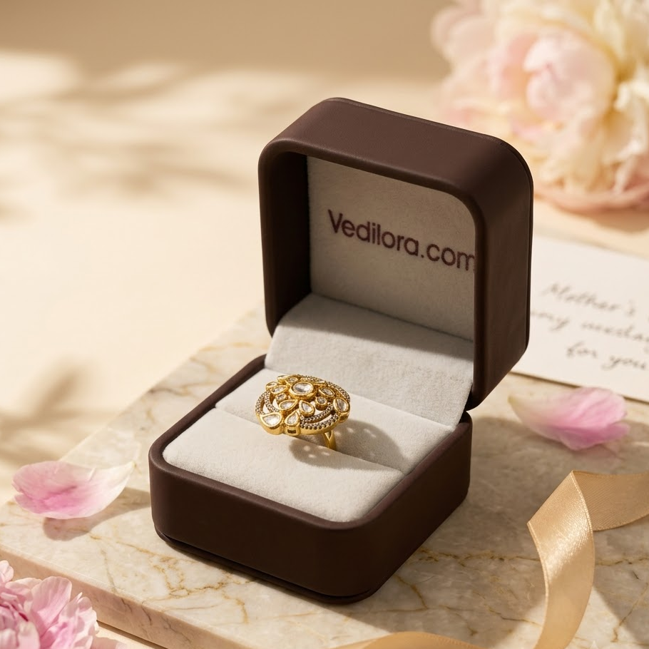 Vedilora Royal Kundan Floral Statement Ring Free Size / Adjustable Fit