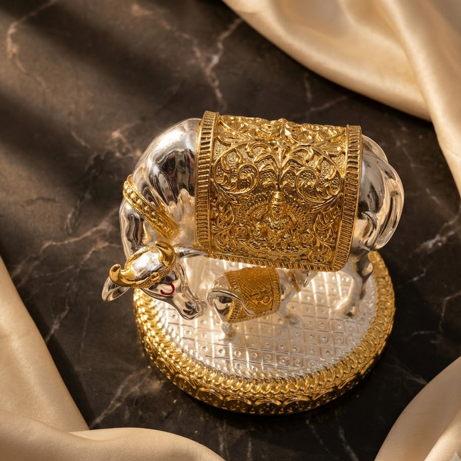 24K Gold plated and 999 Pure Silver Plated Kamdhenu Cow Idol - 6 Inch, Auspicious Vastu Home Decor for Pooja Room and Mandir I A Home Decore & Spiritual Gift