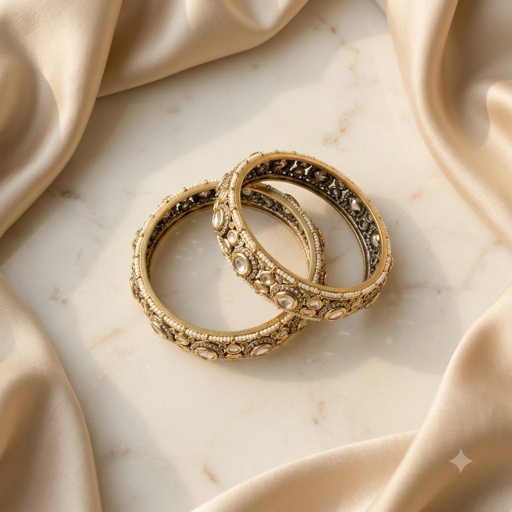 Royal Kundan Heritage Bangles – Elegant Gold-Tone Statement Set