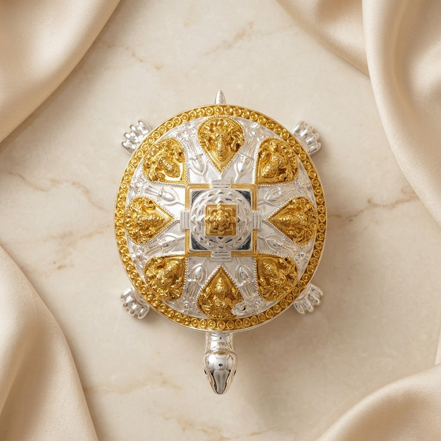 999 Pure Silver Plated Shree Yantra Vastu Tortoise Idol | Ashta Lakshmi Tortoise for Home & Office | Feng Shui Wealth Turtle | Metal Decorative Showpiece | Good Luck, Prosperity & Stability Gift |