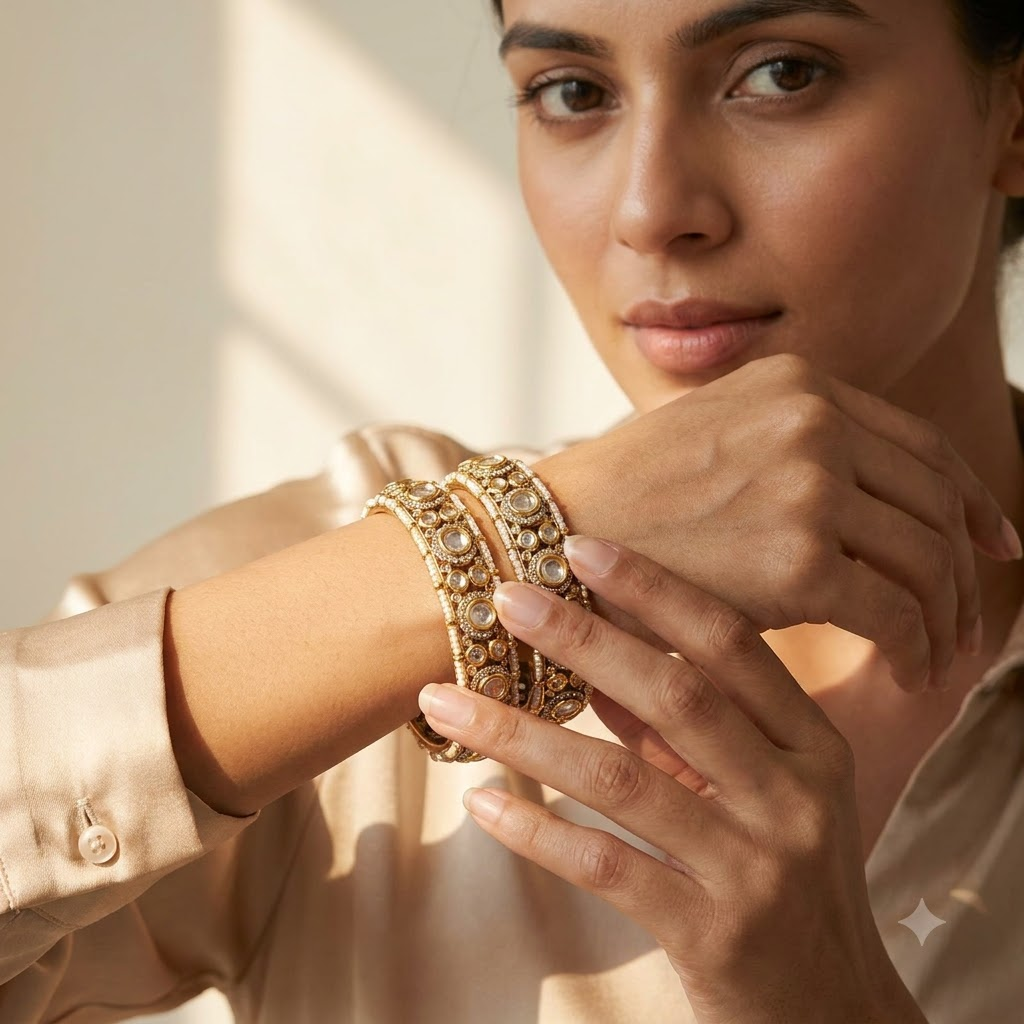 Royal Kundan Heritage Bangles – Elegant Gold-Tone Statement Set