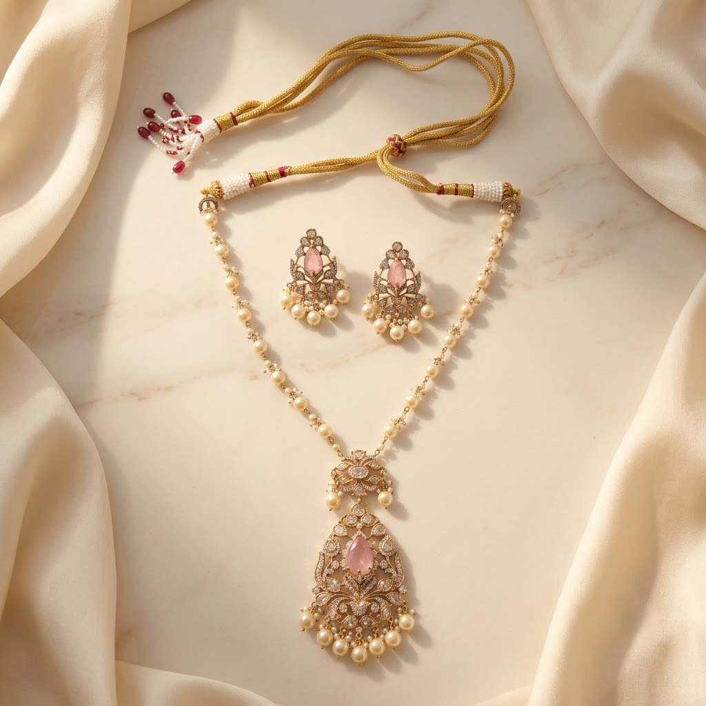 Vedilora® Premium Polki Pearl Necklace Set with Green Stones & Matching Earrings | Bridal & Festive Jewellery