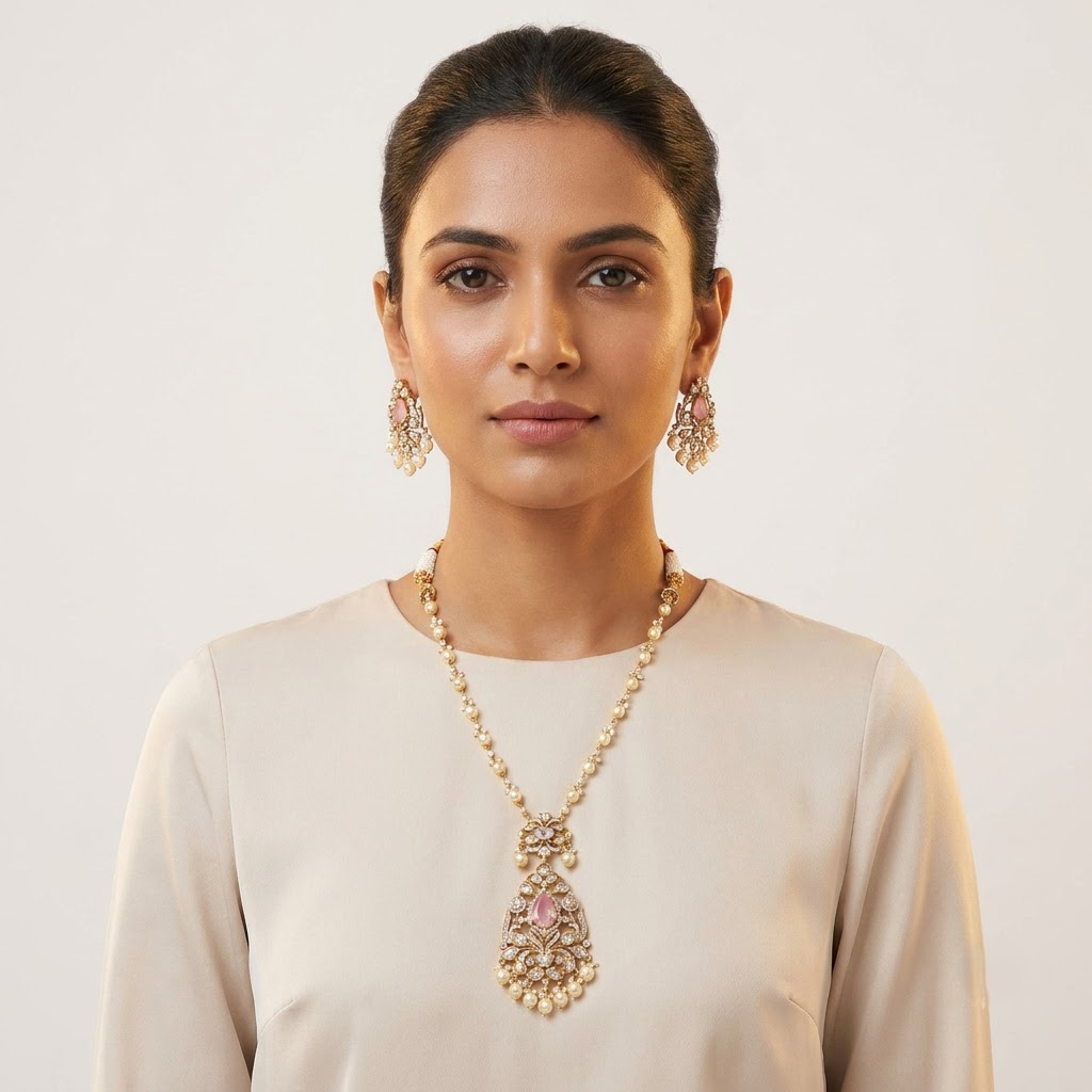 Vedilora® Premium Polki Pearl Necklace Set with Green Stones & Matching Earrings | Bridal & Festive Jewellery