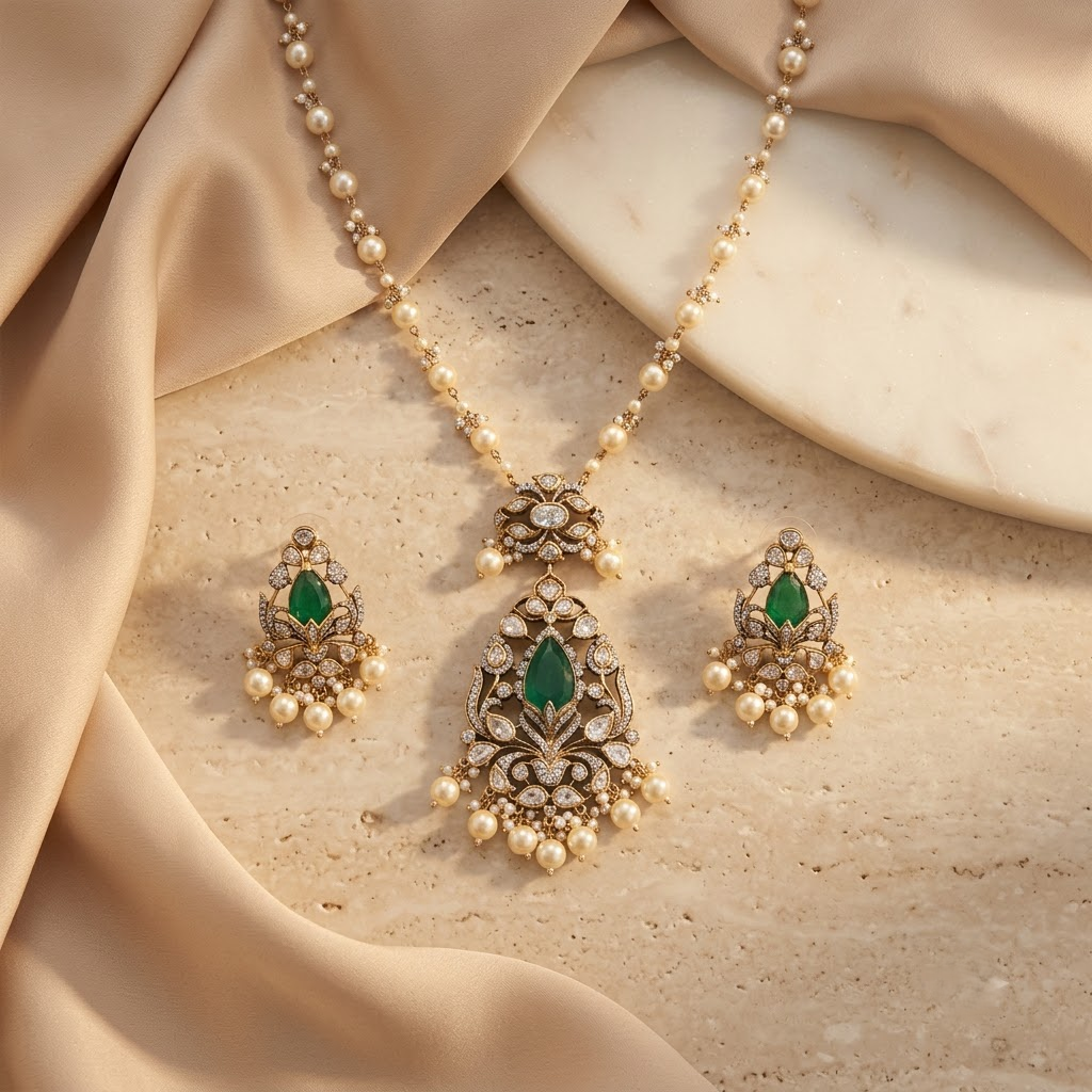 Vedilora® Premium Polki Pearl Necklace Set with Green Stones & Matching Earrings | Bridal & Festive Jewellery