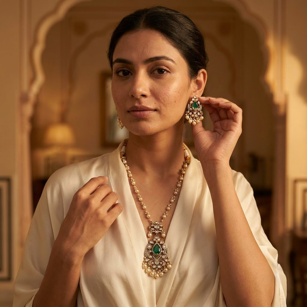 Vedilora® Premium Polki Pearl Necklace Set with Green Stones & Matching Earrings | Bridal & Festive Jewellery