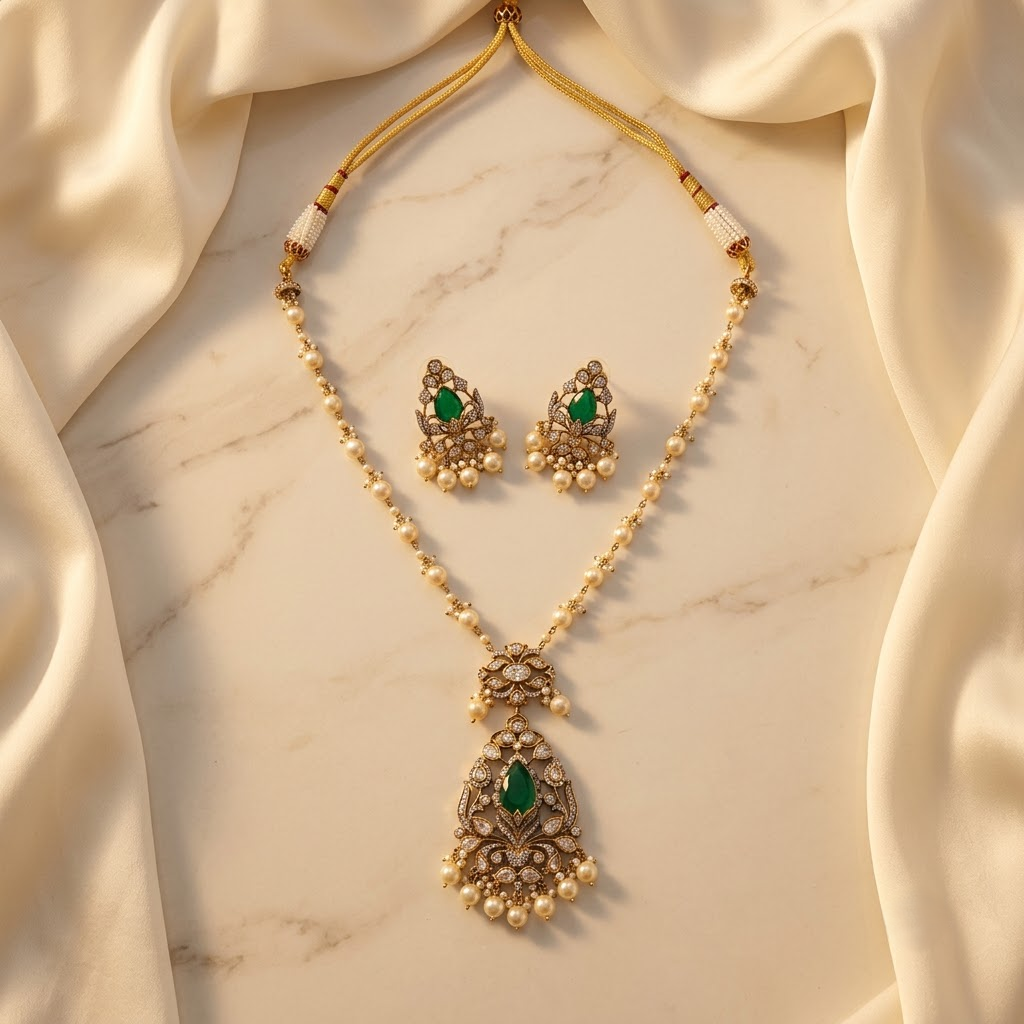 Vedilora® Premium Polki Pearl Necklace Set with Green Stones & Matching Earrings | Bridal & Festive Jewellery