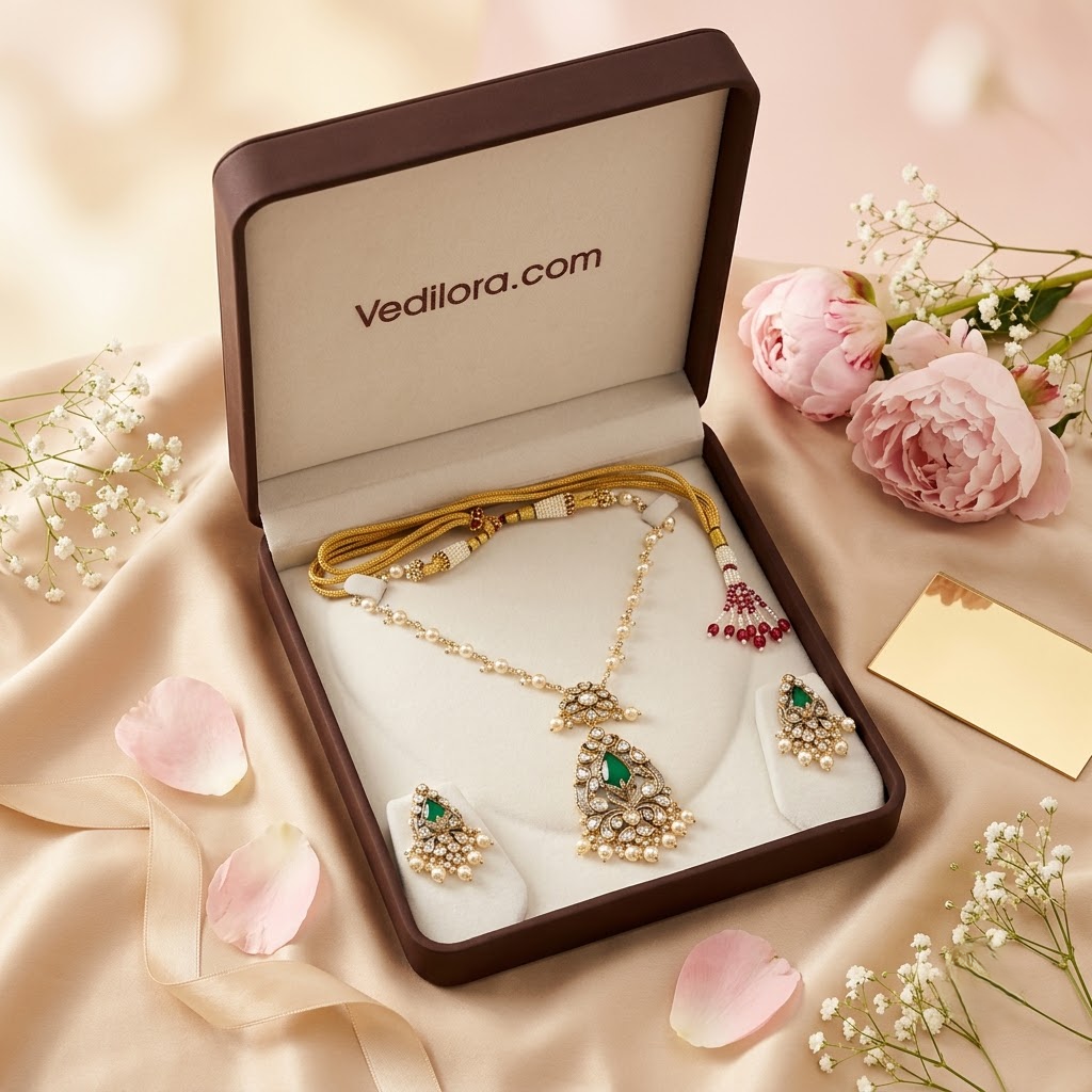 Vedilora® Premium Polki Pearl Necklace Set with Green Stones & Matching Earrings | Bridal & Festive Jewellery