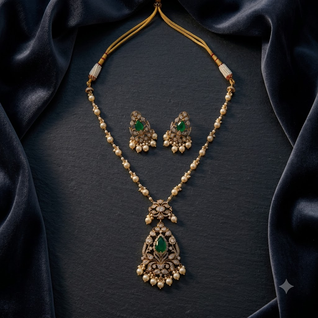 Vedilora® Premium Polki Pearl Necklace Set with Green Stones & Matching Earrings | Bridal & Festive Jewellery