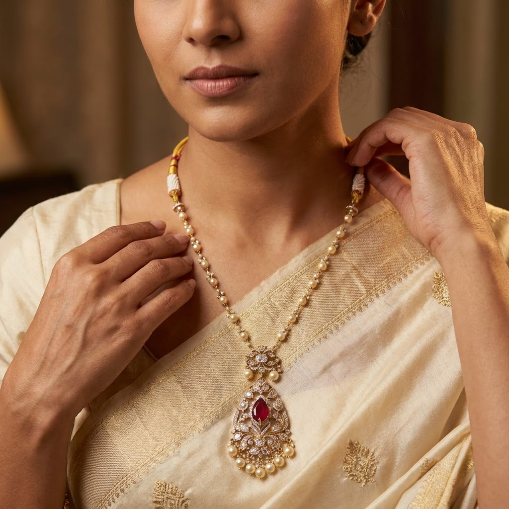 Vedilora® Premium Polki Pearl Necklace Set with Green Stones & Matching Earrings | Bridal & Festive Jewellery