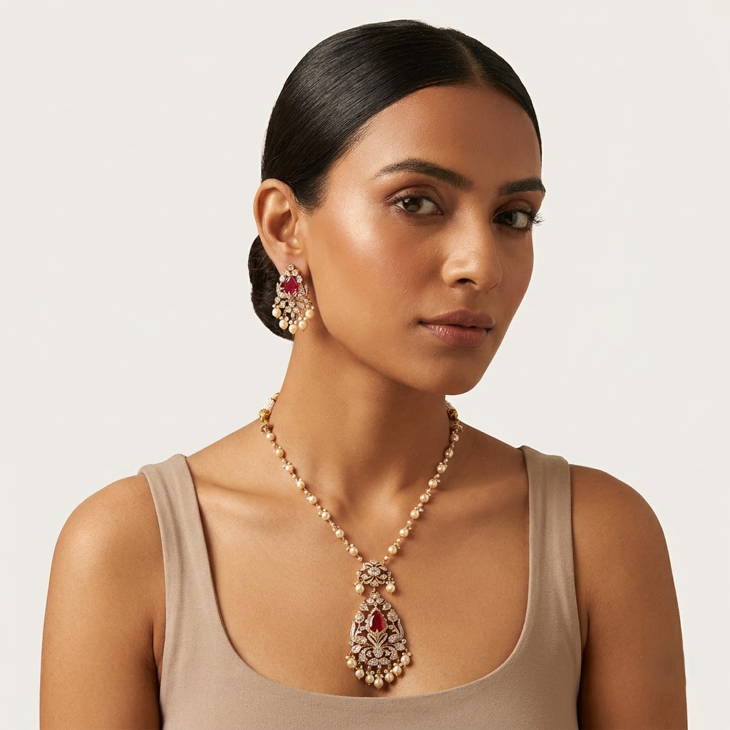 Vedilora® Premium Polki Pearl Necklace Set with Green Stones & Matching Earrings | Bridal & Festive Jewellery