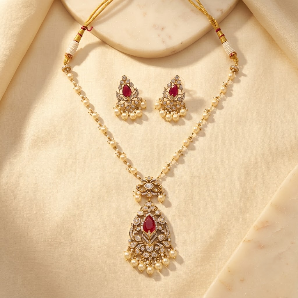 Vedilora® Premium Polki Pearl Necklace Set with Green Stones & Matching Earrings | Bridal & Festive Jewellery