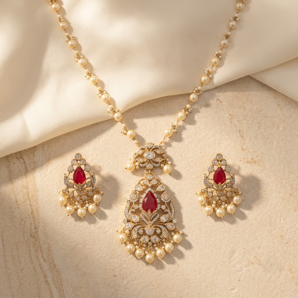 Vedilora® Premium Polki Pearl Necklace Set with Green Stones & Matching Earrings | Bridal & Festive Jewellery