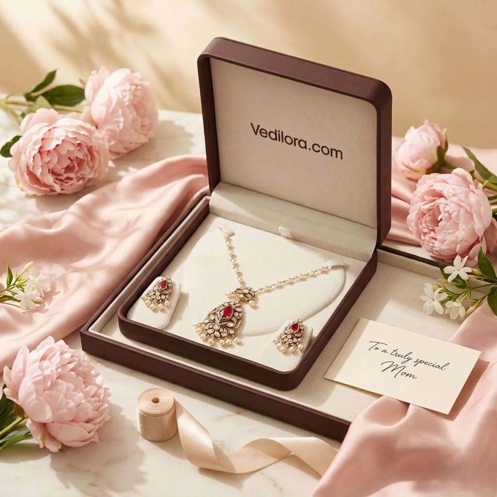 Vedilora® Premium Polki Pearl Necklace Set with Green Stones & Matching Earrings | Bridal & Festive Jewellery