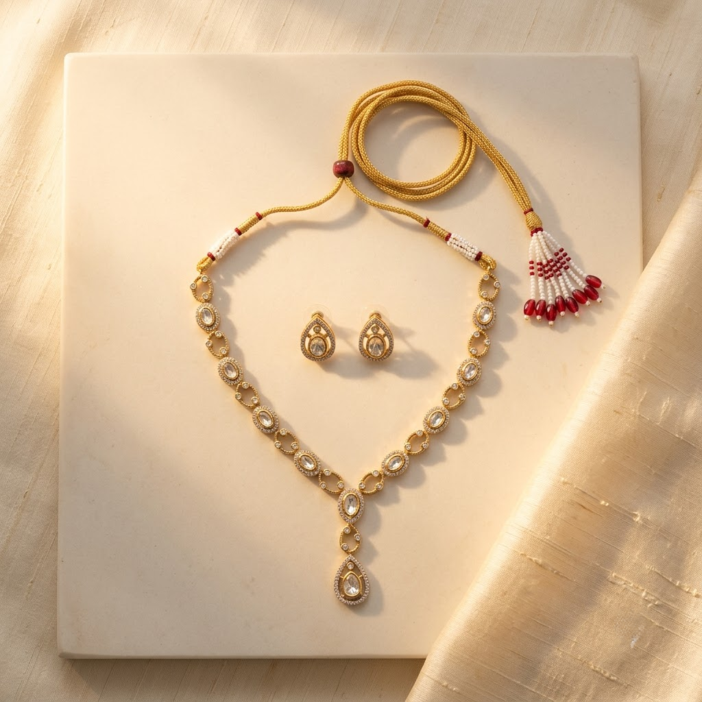 Vedilora® Premium Polki-Inspired CZ Necklace Set with Matching Earrings | Gold-Tone Bridal & Festive Jewellery