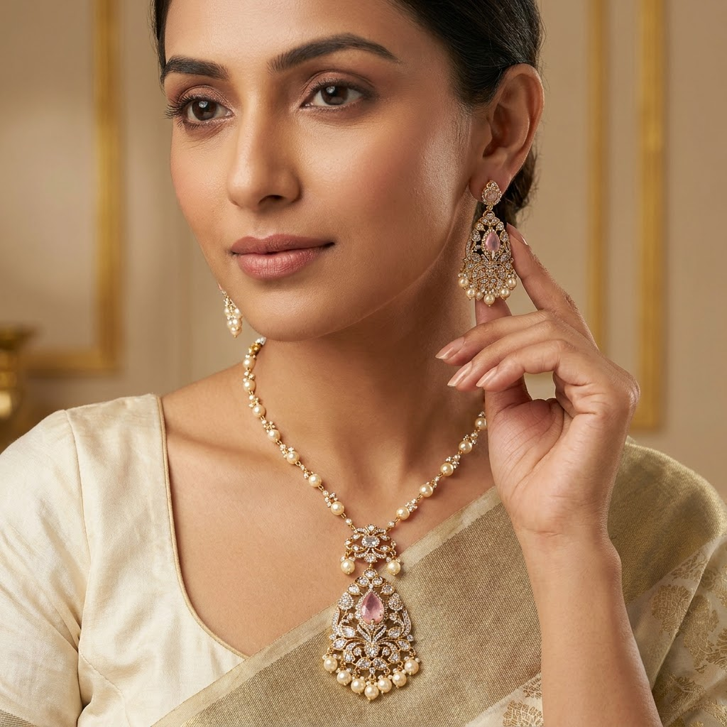 Vedilora® Premium Polki Pearl Necklace Set with Green Stones & Matching Earrings | Bridal & Festive Jewellery