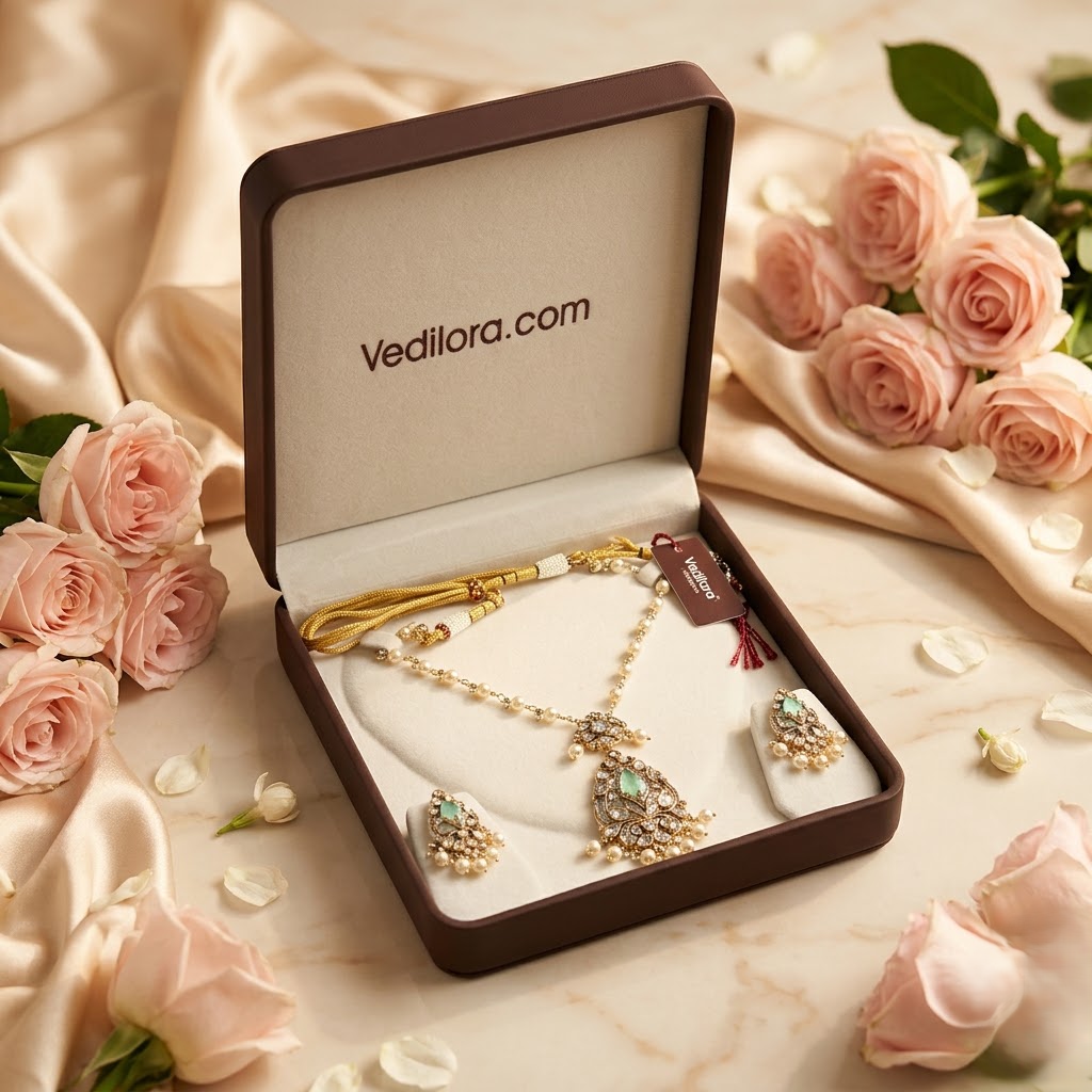Vedilora® Premium Polki Pearl Necklace Set with Green Stones & Matching Earrings | Bridal & Festive Jewellery