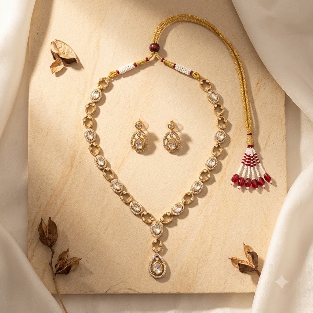 Vedilora® Premium Polki-Inspired CZ Necklace Set with Matching Earrings | Gold-Tone Bridal & Festive Jewellery