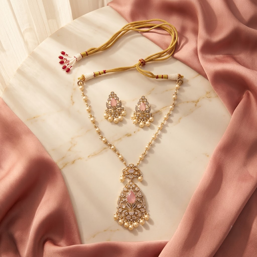 Vedilora® Premium Polki Pearl Necklace Set with Green Stones & Matching Earrings | Bridal & Festive Jewellery
