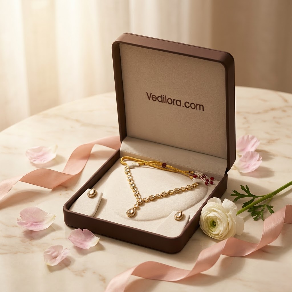 Vedilora® Premium Polki-Inspired CZ Necklace Set with Matching Earrings | Gold-Tone Bridal & Festive Jewellery
