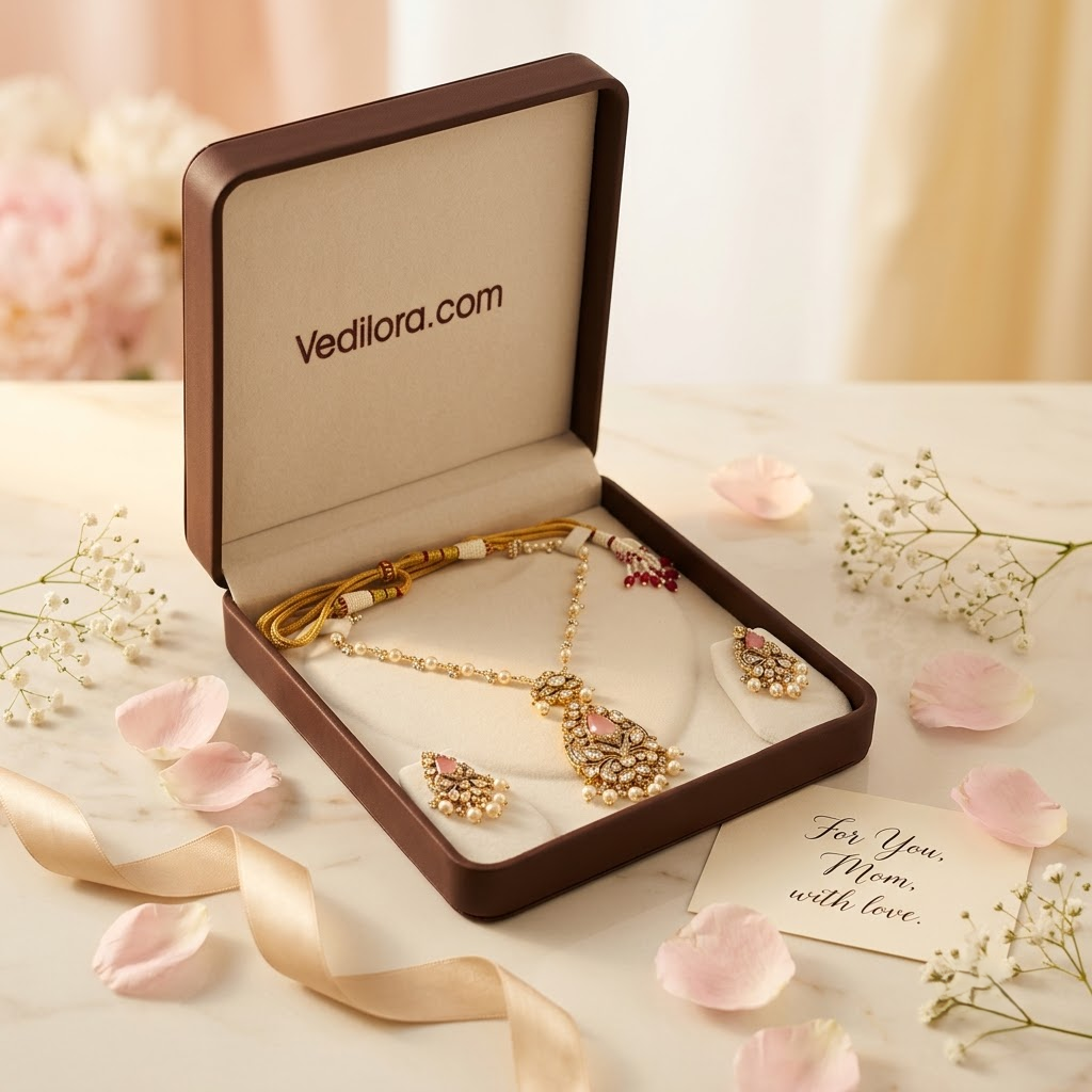 Vedilora® Premium Polki Pearl Necklace Set with Green Stones & Matching Earrings | Bridal & Festive Jewellery