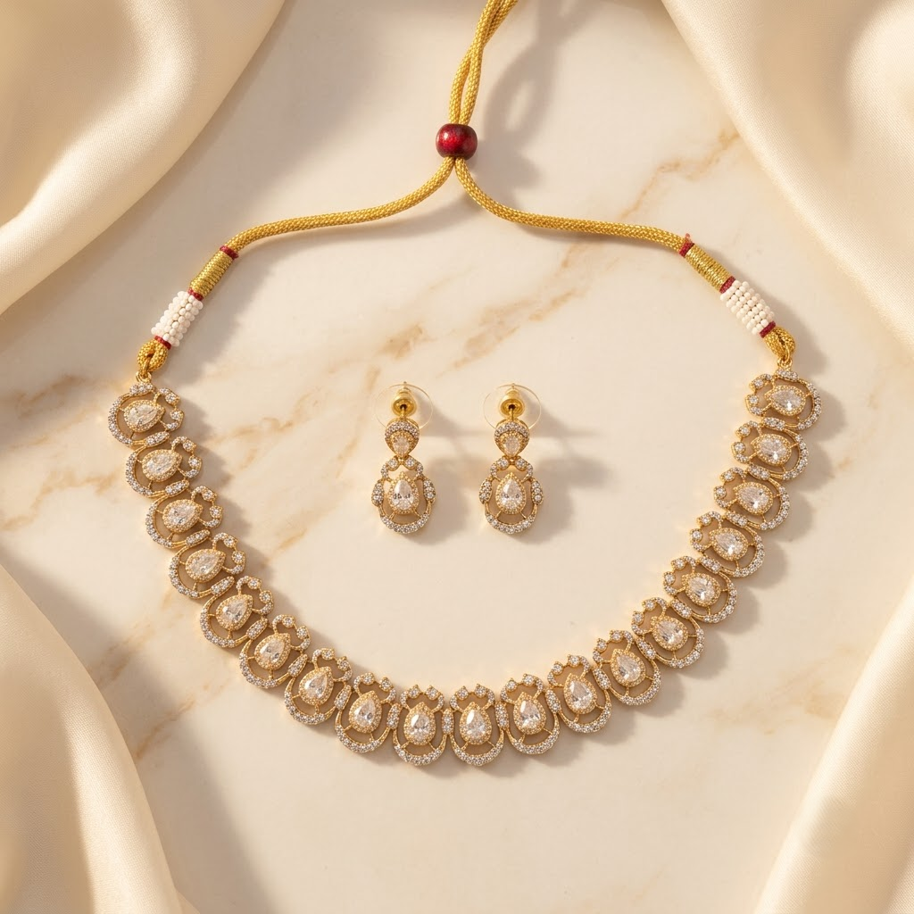 Vedilora® Premium Teardrop CZ Necklace Set with Matching Earrings | Gold-Tone Bridal & Festive Jewellery