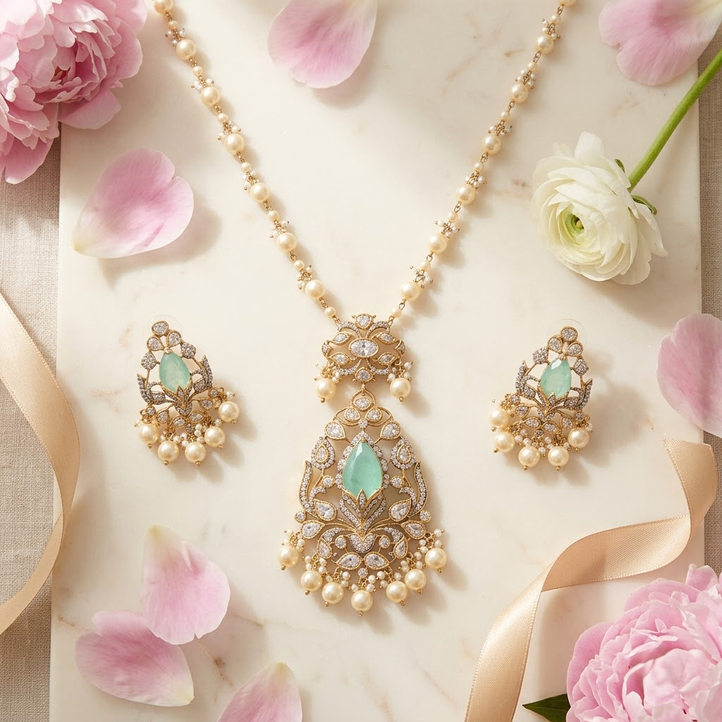 Vedilora® Premium Polki Pearl Necklace Set with Green Stones & Matching Earrings | Bridal & Festive Jewellery