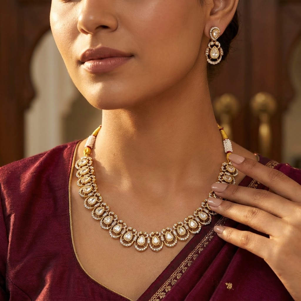 Vedilora® Premium Teardrop CZ Necklace Set with Matching Earrings | Gold-Tone Bridal & Festive Jewellery