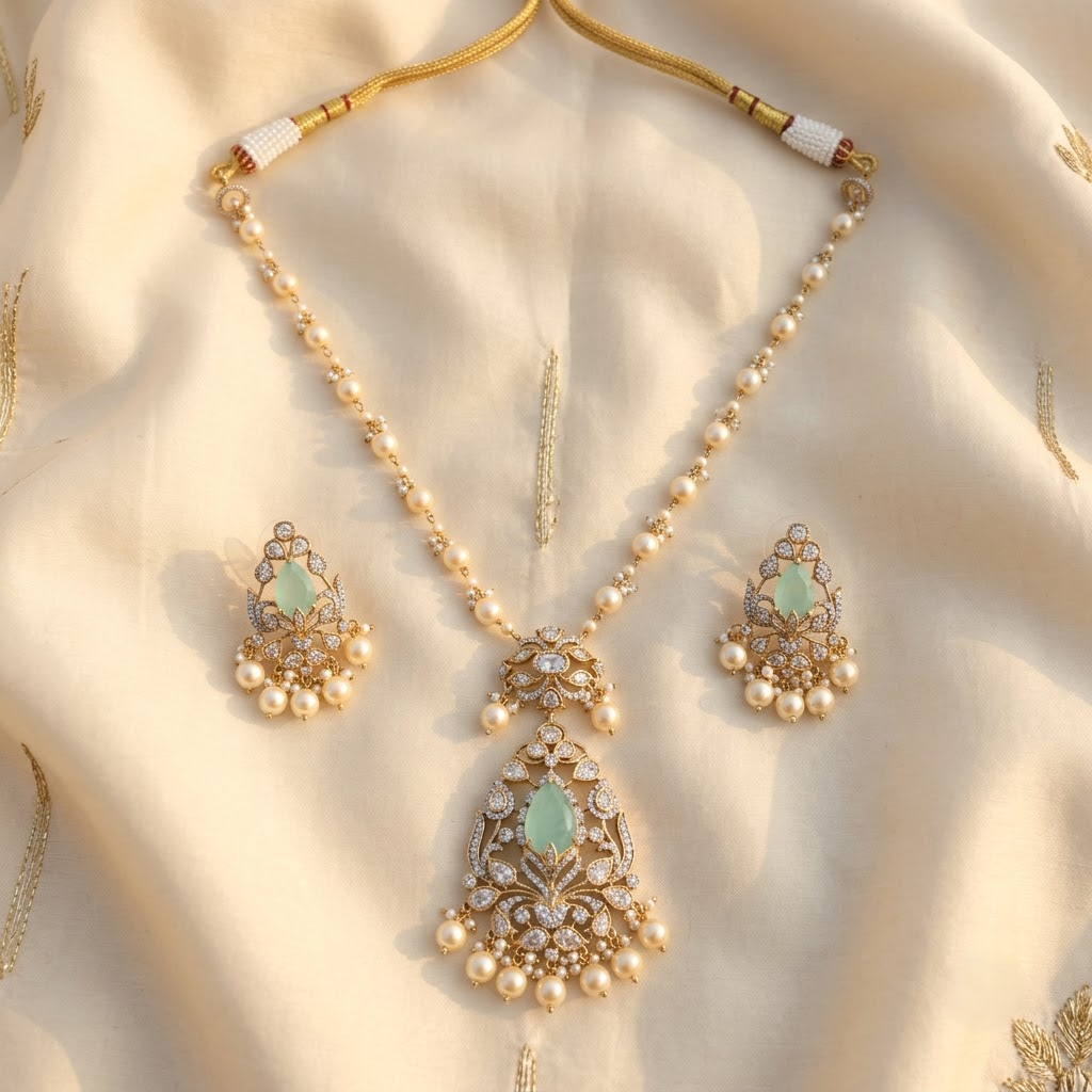 Vedilora® Premium Polki Pearl Necklace Set with Green Stones & Matching Earrings | Bridal & Festive Jewellery