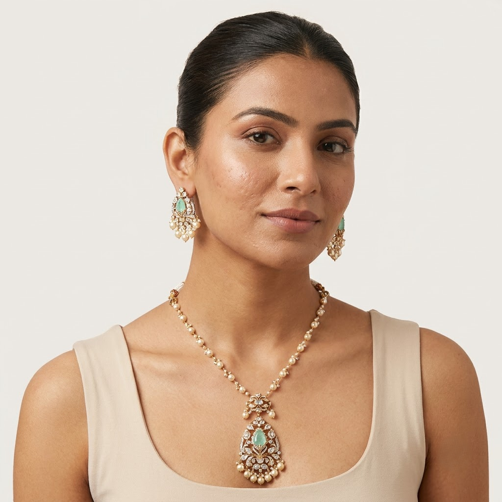Vedilora® Premium Polki Pearl Necklace Set with Green Stones & Matching Earrings | Bridal & Festive Jewellery