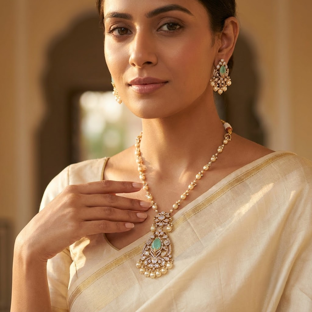 Vedilora® Premium Polki Pearl Necklace Set with Green Stones & Matching Earrings | Bridal & Festive Jewellery