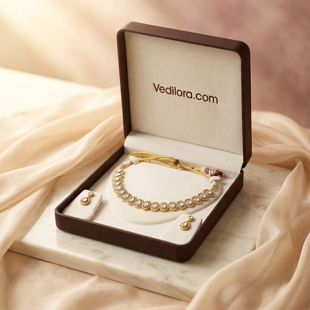 Vedilora® Premium Teardrop CZ Necklace Set with Matching Earrings | Gold-Tone Bridal & Festive Jewellery