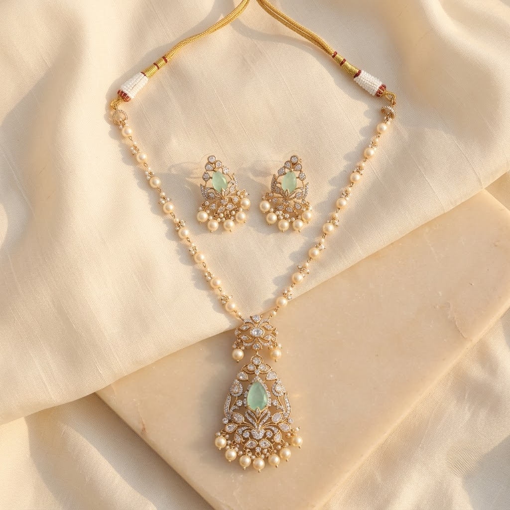 Vedilora® Premium Polki Pearl Necklace Set with Green Stones & Matching Earrings | Bridal & Festive Jewellery