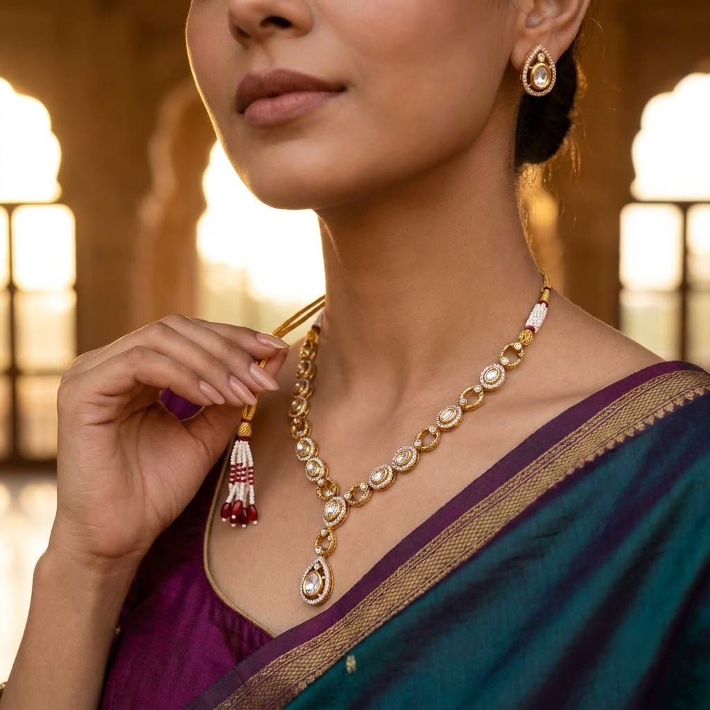 Vedilora® Premium Polki-Inspired CZ Necklace Set with Matching Earrings | Gold-Tone Bridal & Festive Jewellery