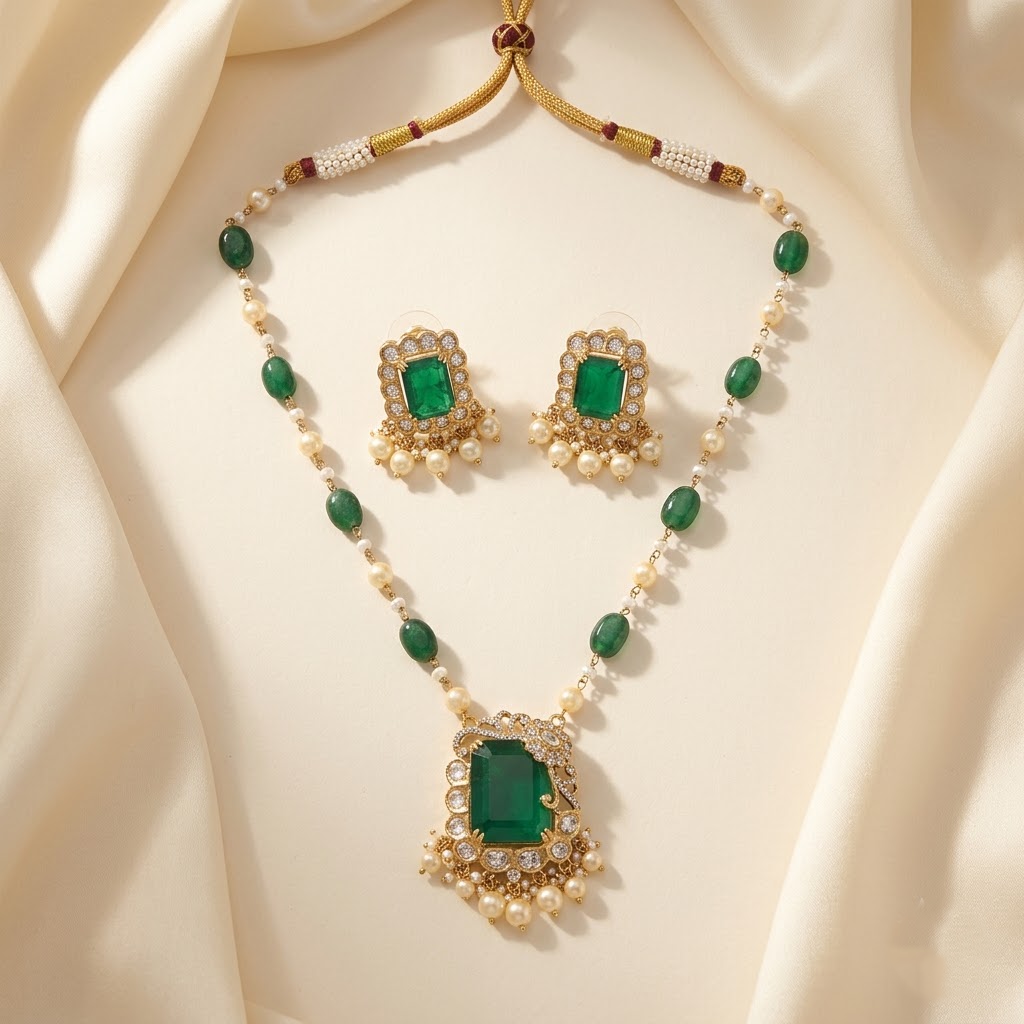Vedilora® Royal Green & Red Traditional Necklace Set with Matching Earrings