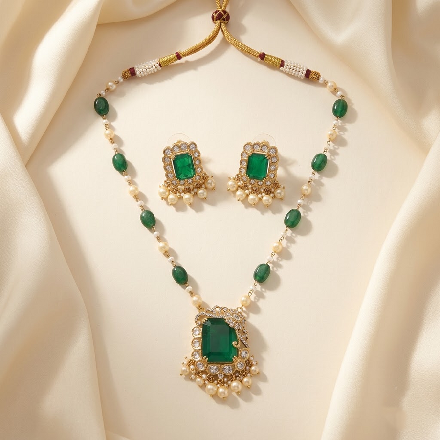 Vedilora® Royal Green & Red Traditional Necklace Set with Matching Earrings