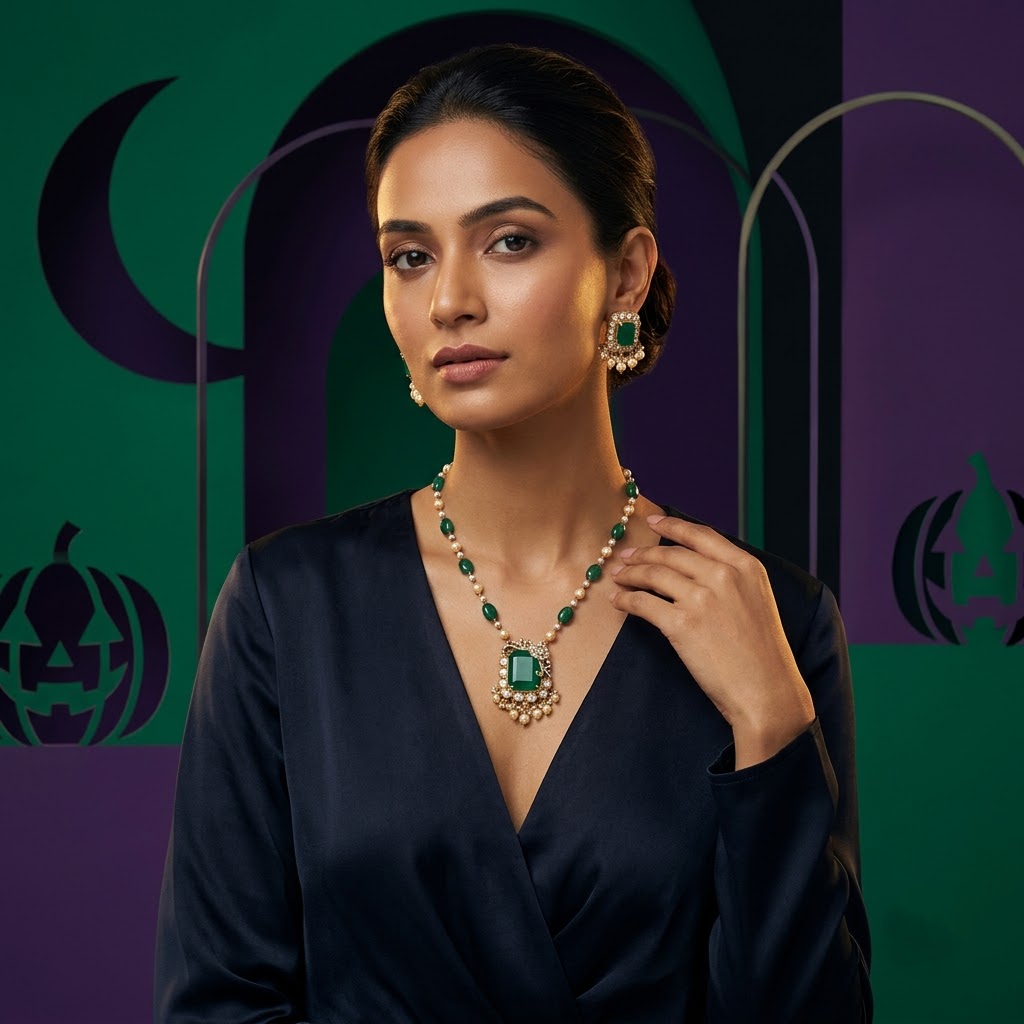 Vedilora® Royal Green & Red Traditional Necklace Set with Matching Earrings
