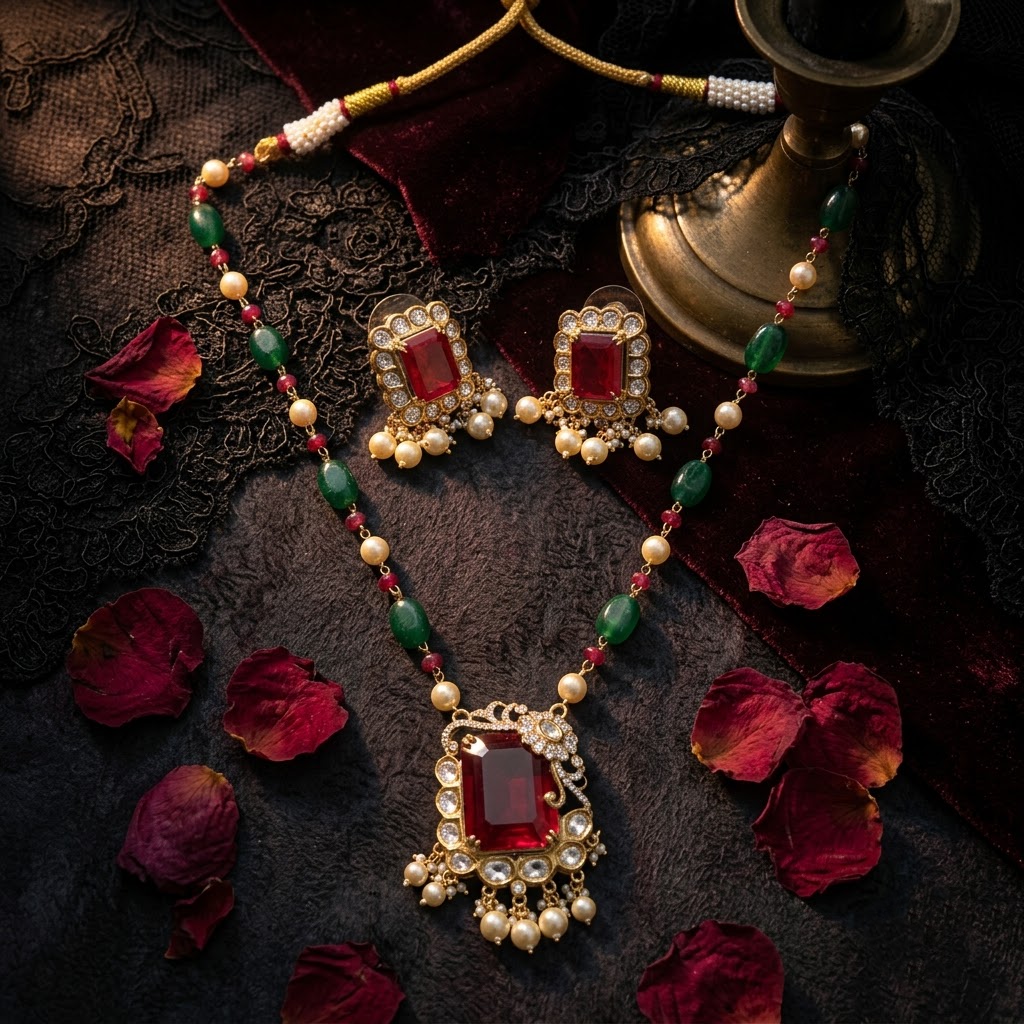 Vedilora® Royal Green & Red Traditional Necklace Set with Matching Earrings