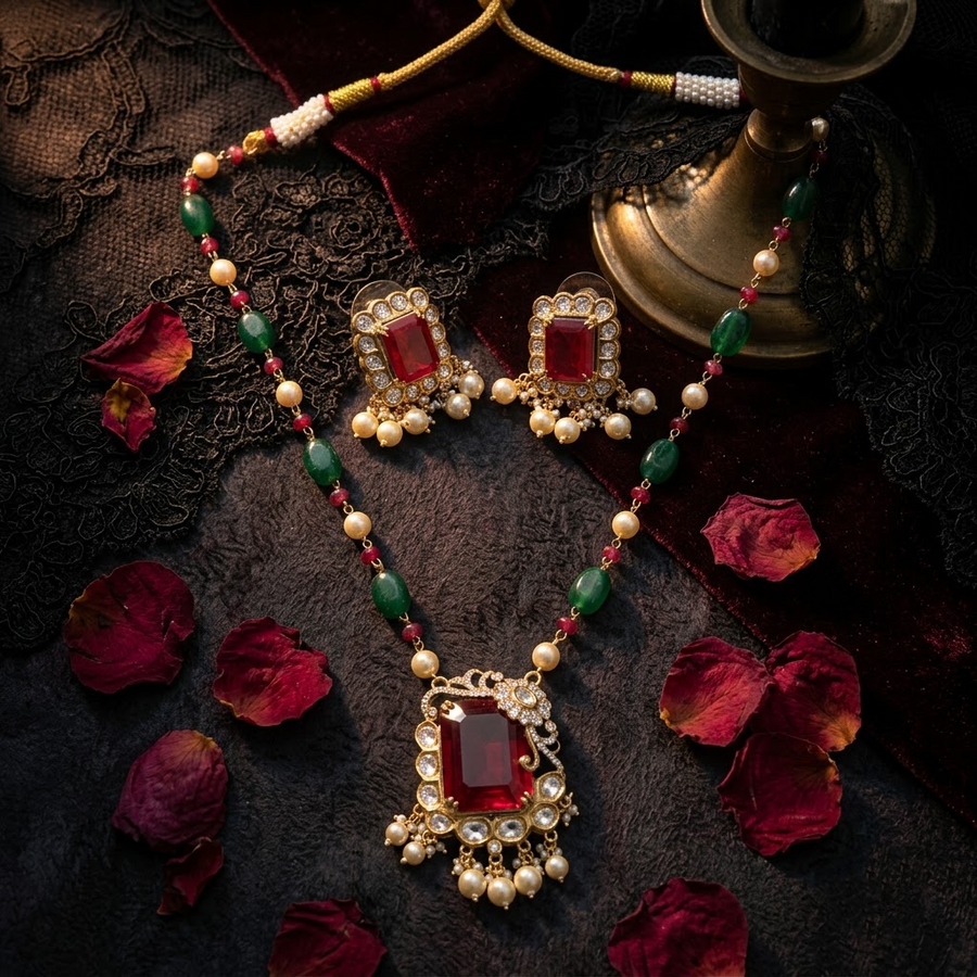 Vedilora® Royal Green & Red Traditional Necklace Set with Matching Earrings