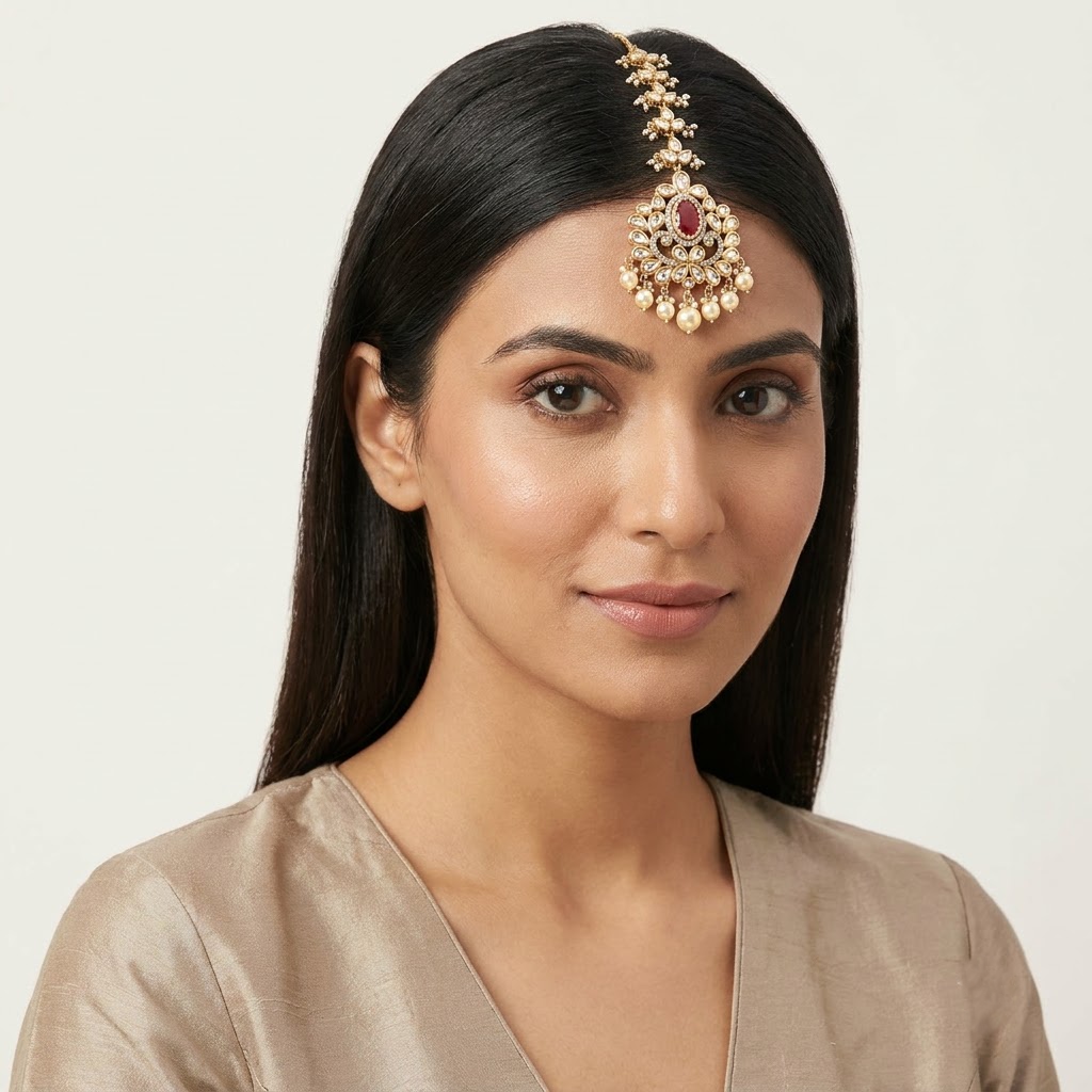 VEDILORA Fashion Jewellery Green & Red Victorian Plated Ethnic Kundan Tikka