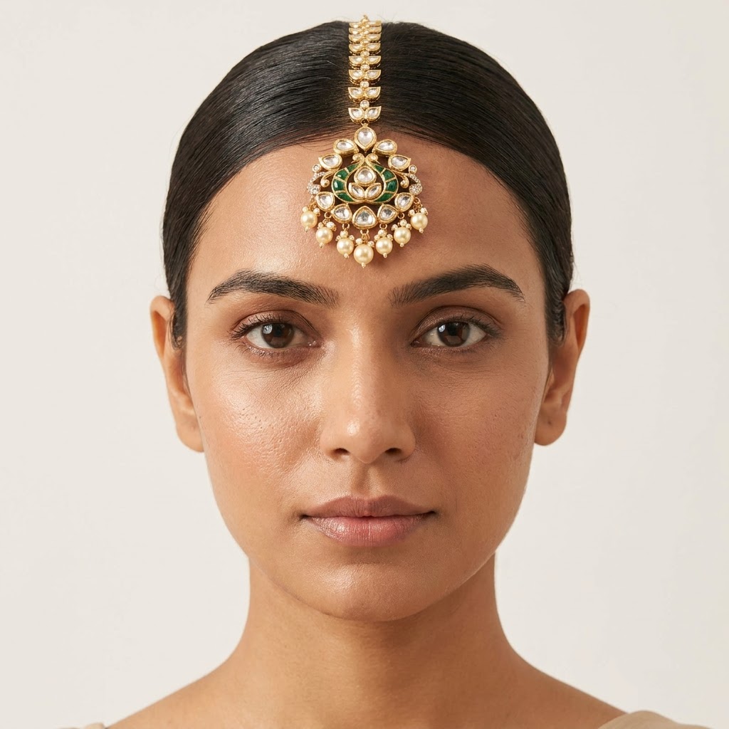 Green Victorian-Plated Ethnic Kundan Maang Tikka