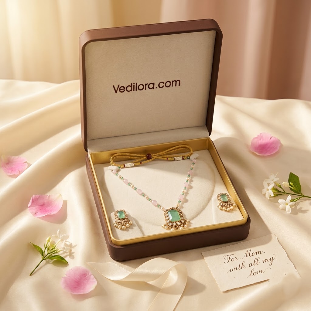 Vedilora® Royal Green & Red Traditional Necklace Set with Matching Earrings