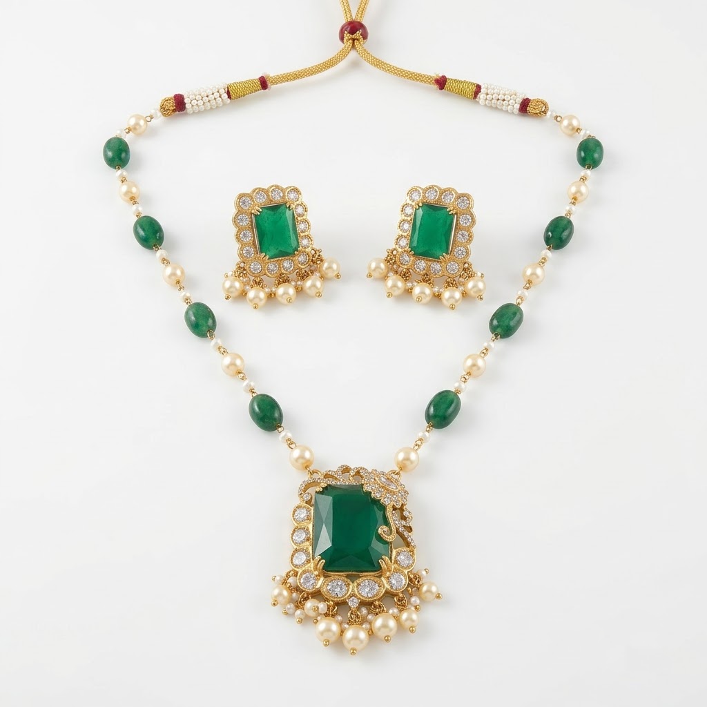 Vedilora® Royal Green & Red Traditional Necklace Set with Matching Earrings